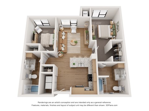 Floor plan for 2 beds, 2 baths, 997 sqft